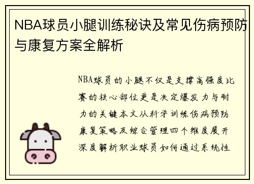 NBA球员小腿训练秘诀及常见伤病预防与康复方案全解析