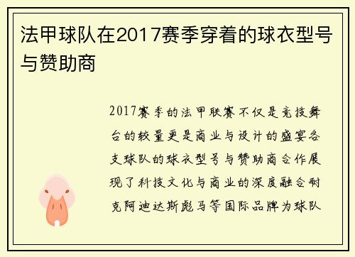 法甲球队在2017赛季穿着的球衣型号与赞助商